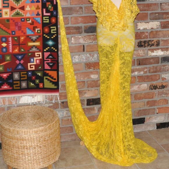 Sheer Lace Stretch Ruffle Open Back Bodycon Dress Clubwear Long Train Gown Party - Picture 5 of 12